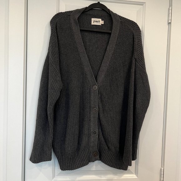 Pact Grey Fisherman Knit Button-Front Cardigan Organic Cotton Oversized, Sz L - Picture 2 of 5